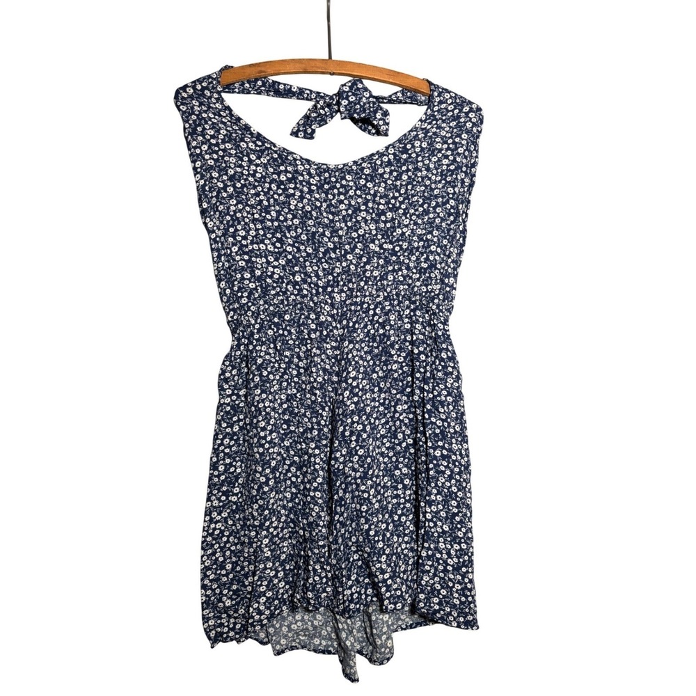 Navy Blue Ditsy Floral Halter‎ Mini Dress Elastic Waist Size M Cottagecore Boho